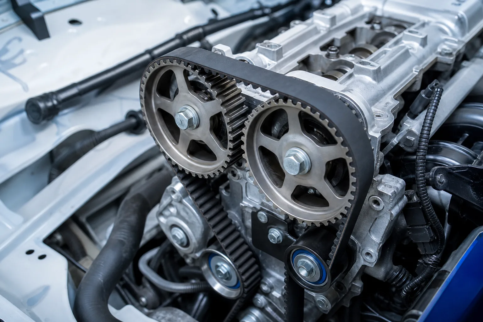 Zahnriemen und Nockenwellenrad bei geöffnetem Motorraum, 1200x675